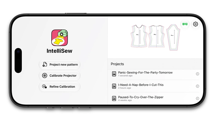 IntelliSew on iPhone, with tools for projector calibration and digital sewing patterns