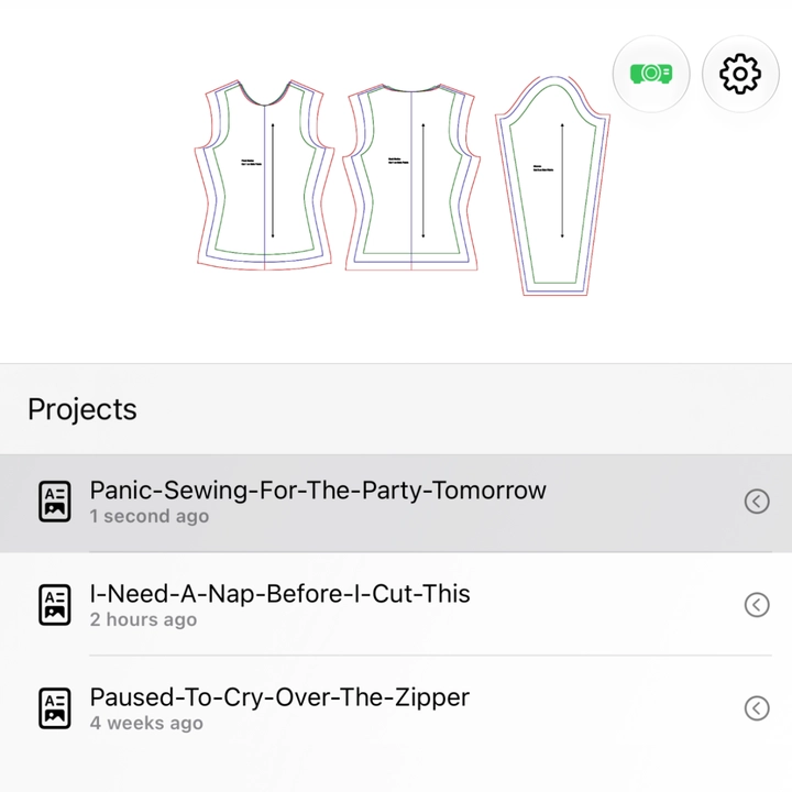 A view with a list of saved projects in the app