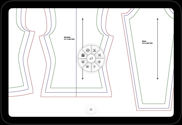 A sewing pattern open in IntelliSew’s projection view